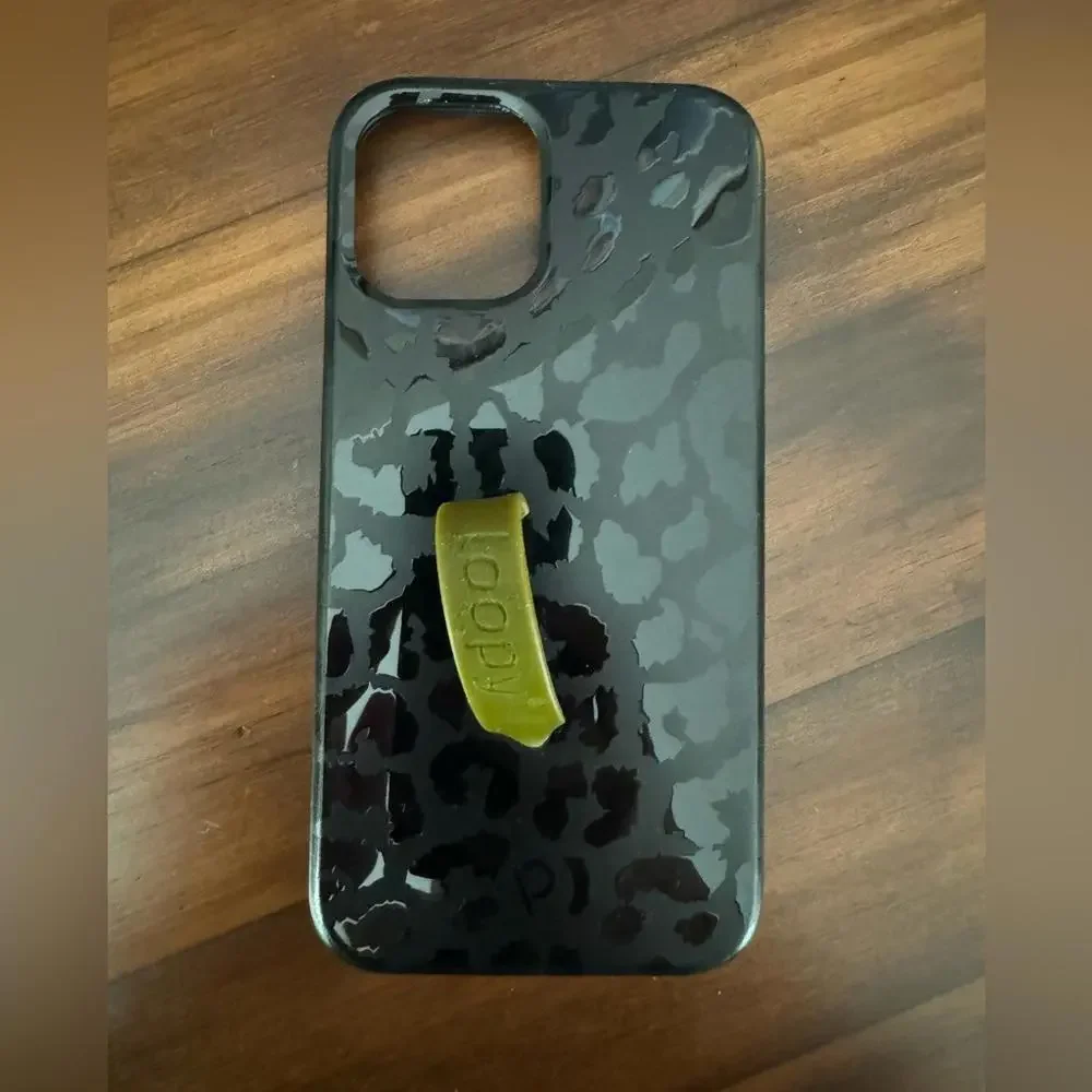 Loopy iPhone 12pro Case Black Leopard Print with Olive‎ Green Loop and Pouch